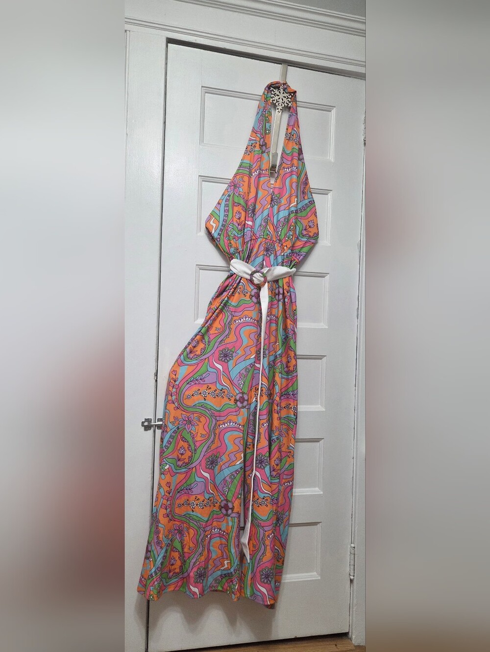 Unique Vintage Multicolor Retro Psychedelic Halter Jumpsuit with White Belt